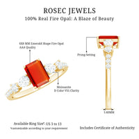 Emerald cut 1 carat fire opal engagement ring with diamond side stones by Rosec Jewels, showcasing the vibrant gemstone and elegant design.