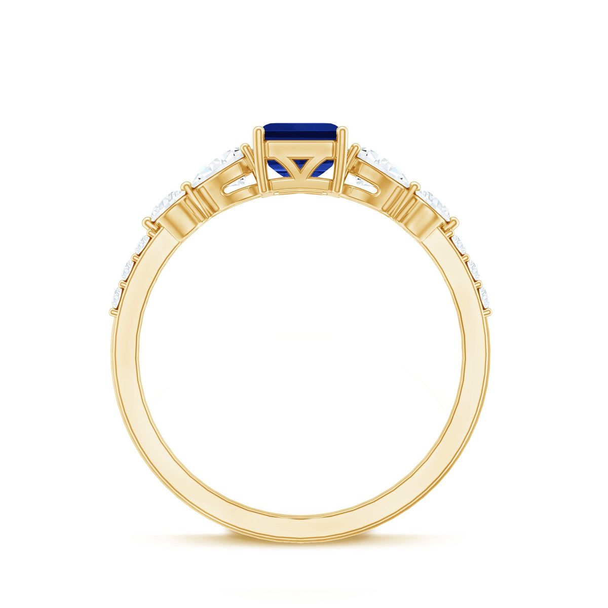 Certified 1.75 Carat Lab Grown Blue Sapphire Emerald Cut Engagement Ring with Diamond Side Stones