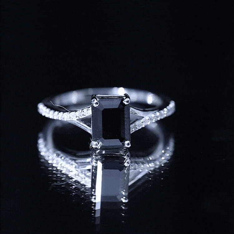 Lab grown 1.6 carat black diamond engagement ring with white diamonds, emerald cut, split shank design by Rosec Jewels.