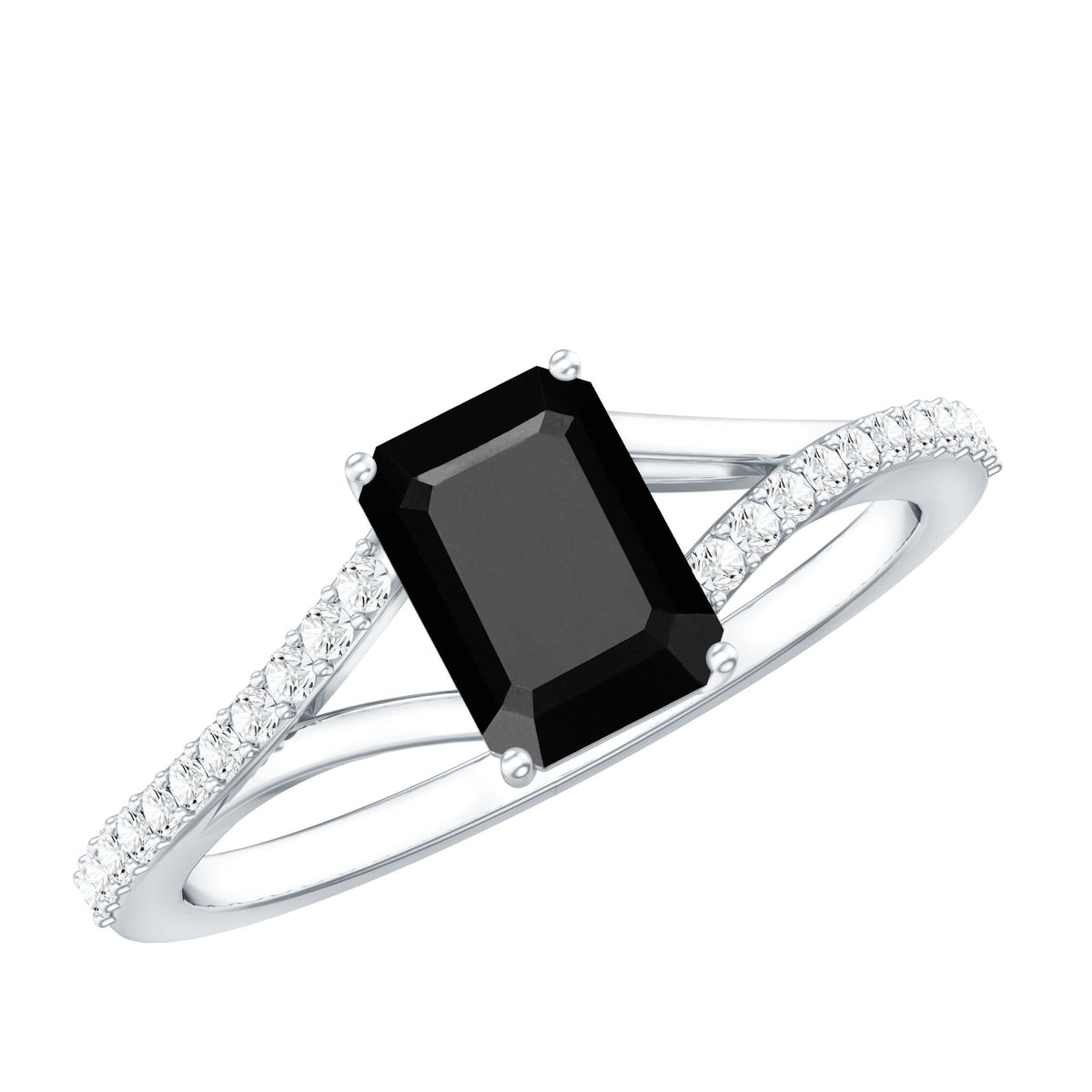 Lab-grown black diamond engagement ring with white diamonds, emerald cut, split shank, by Rosec Jewels, 1.6 carats total weight.