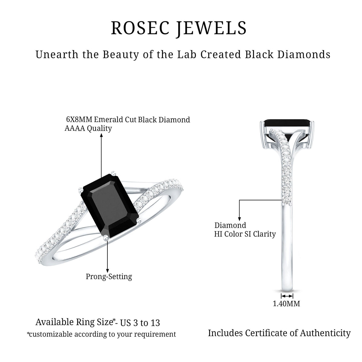 Lab grown black diamond emerald cut engagement ring with white diamond split shank from Rosec Jewels, showcasing the elegant design.