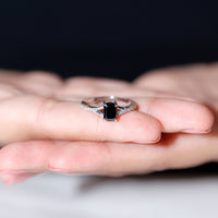 Lab grown black diamond engagement ring with white diamond split shank, emerald cut, 1.6 carats, by Rosec Jewels.