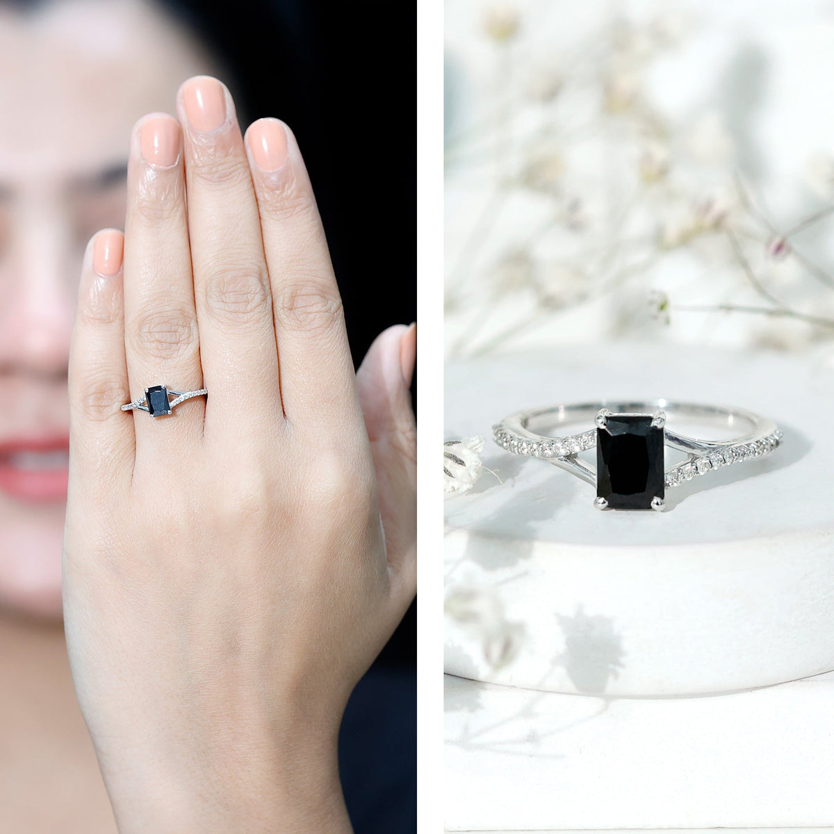 Certified 1.6 carat black diamond engagement ring with white diamond split shank by Rosec Jewels, emerald cut lab-grown gemstone.