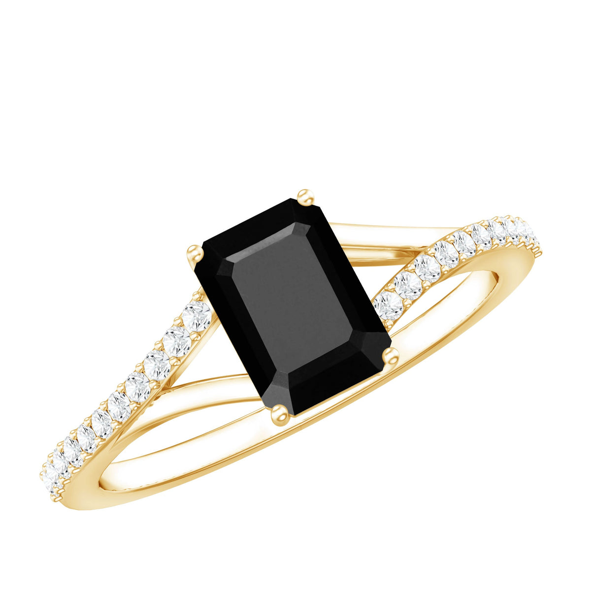 Lab grown black diamond emerald cut engagement ring with white diamond split shank by Rosec Jewels