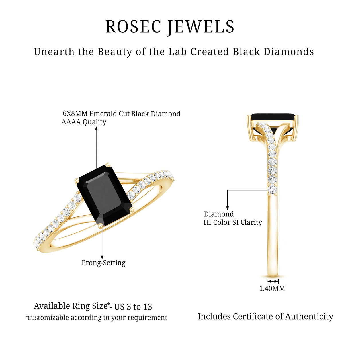Certified 1.6 Carat lab-grown black diamond engagement ring with emerald cut and white diamond split shank by Rosec Jewels
