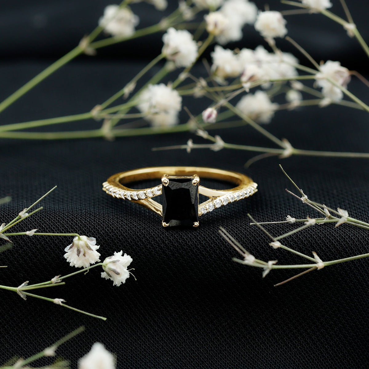Lab grown 1.6 carat black diamond engagement ring with emerald cut and white diamond split shank by Rosec Jewels