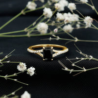 Lab grown 1.6 carat black diamond engagement ring with emerald cut and white diamond split shank by Rosec Jewels