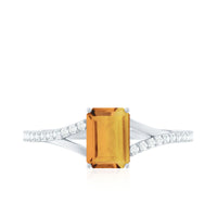 Real Citrine Emerald Cut Engagement Ring with Diamond Split Shank
