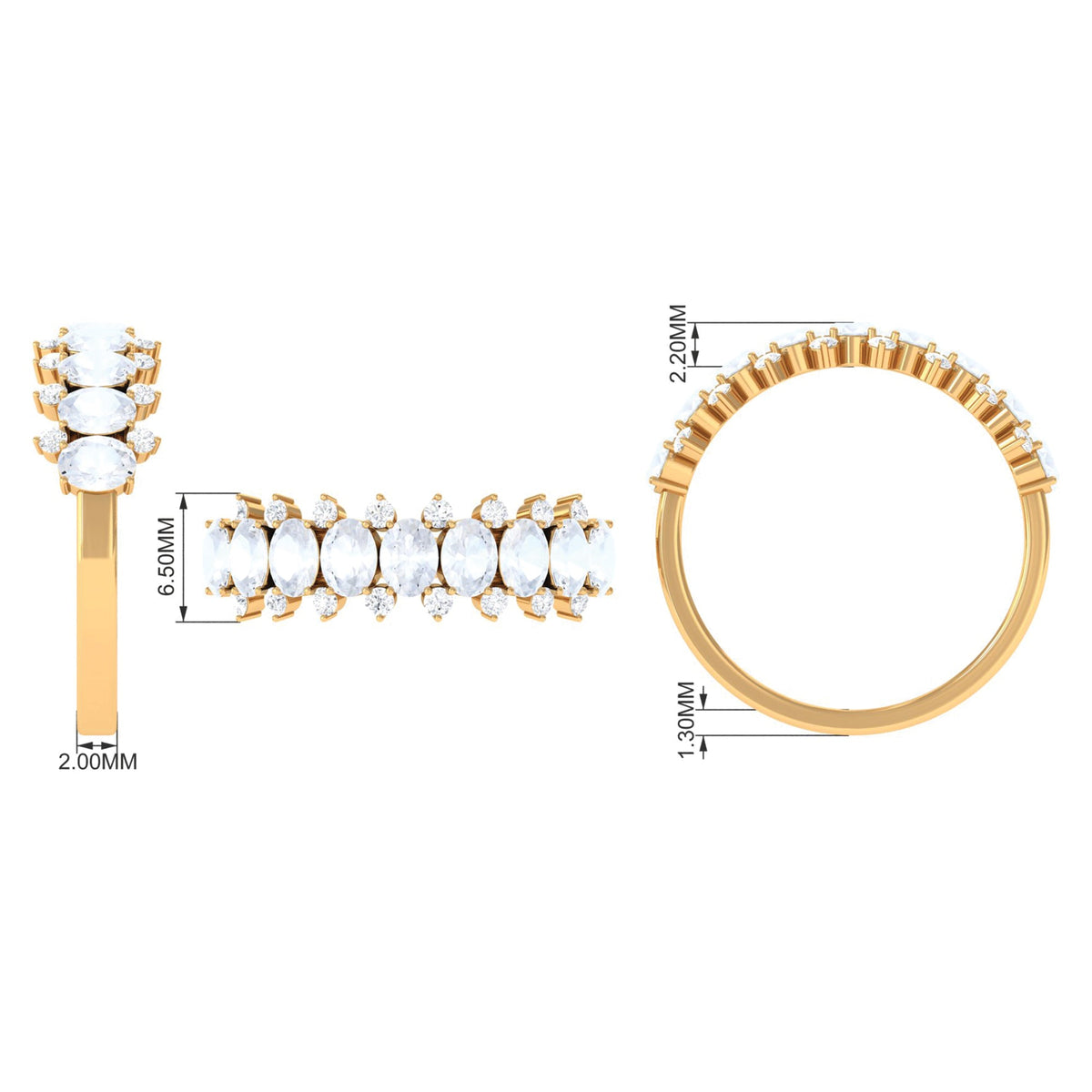 2.5 carat moonstone and diamond semi-eternity ring by Rosec Jewels, showcasing a delicate band with shimmering gemstones.