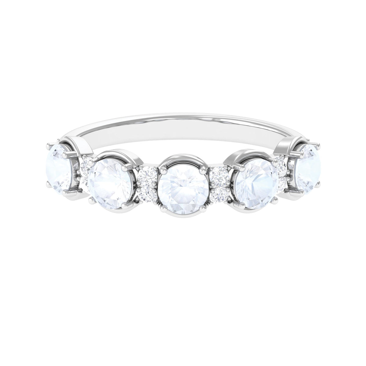 Two-carat genuine moonstone and diamond half eternity ring by Rosec Jewels featuring luminous moonstone and sparkling diamonds.