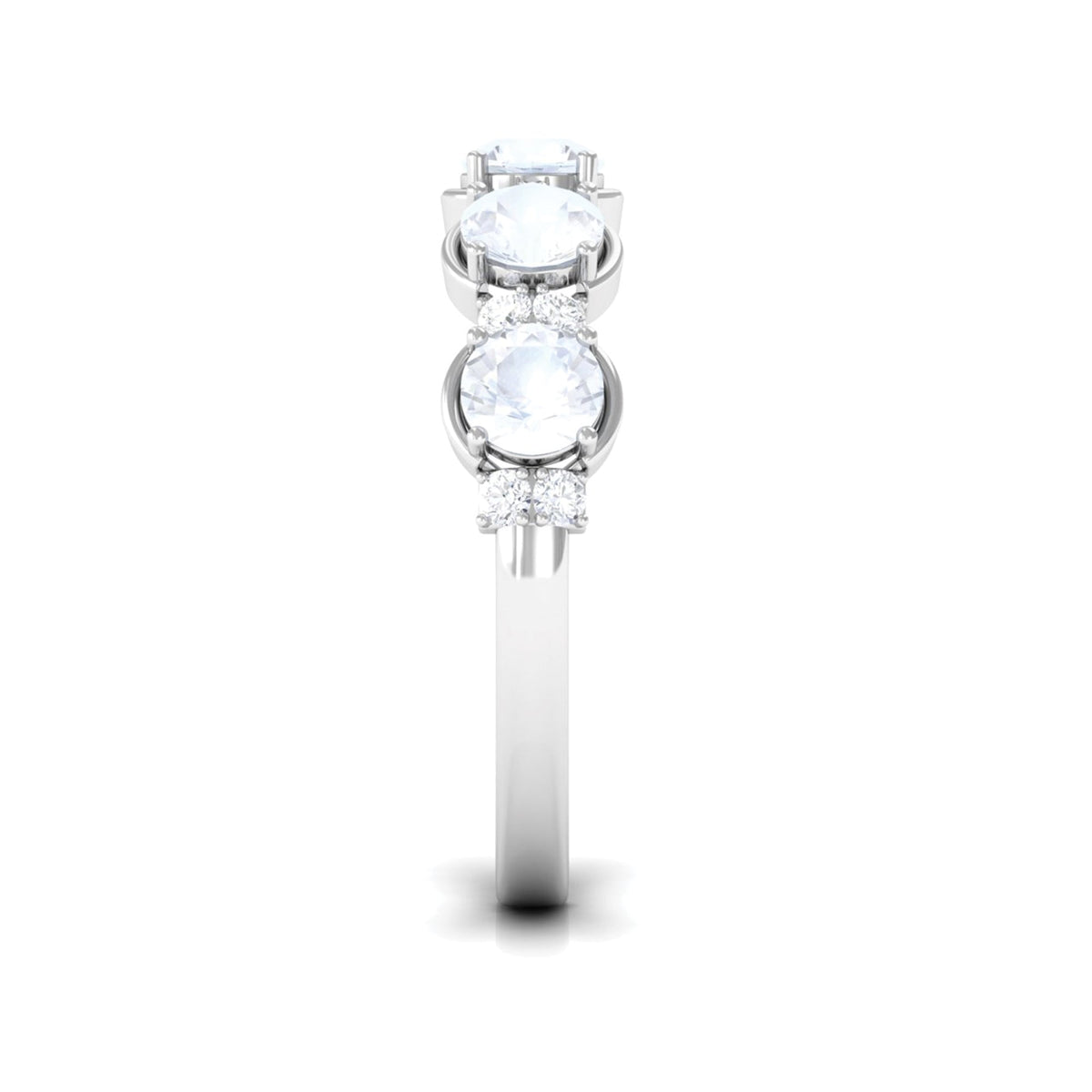 Genuine moonstone and diamond half eternity ring by Rosec Jewels featuring alternating moonstone and diamond accents in a silver band.