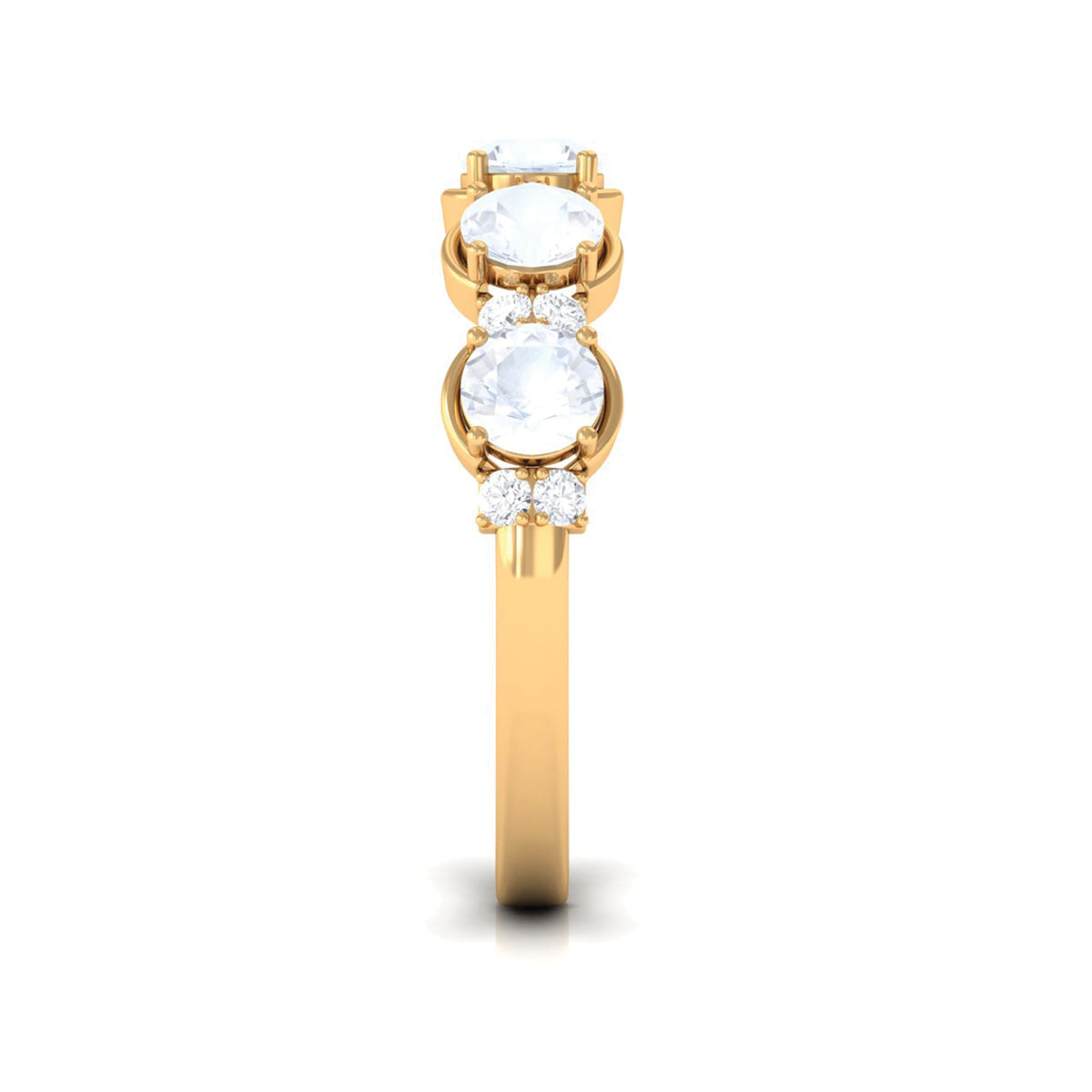 Genuine moonstone and diamond half eternity ring by Rosec Jewels showcasing a band with alternating moonstone and diamond accents.