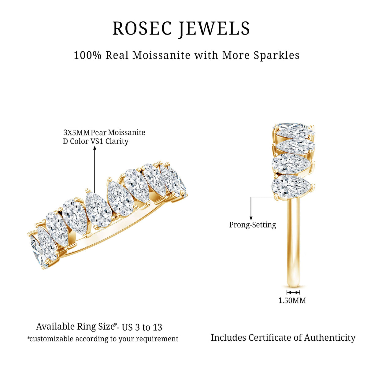 Pear Cut Moissanite Half Eternity Ring for Women