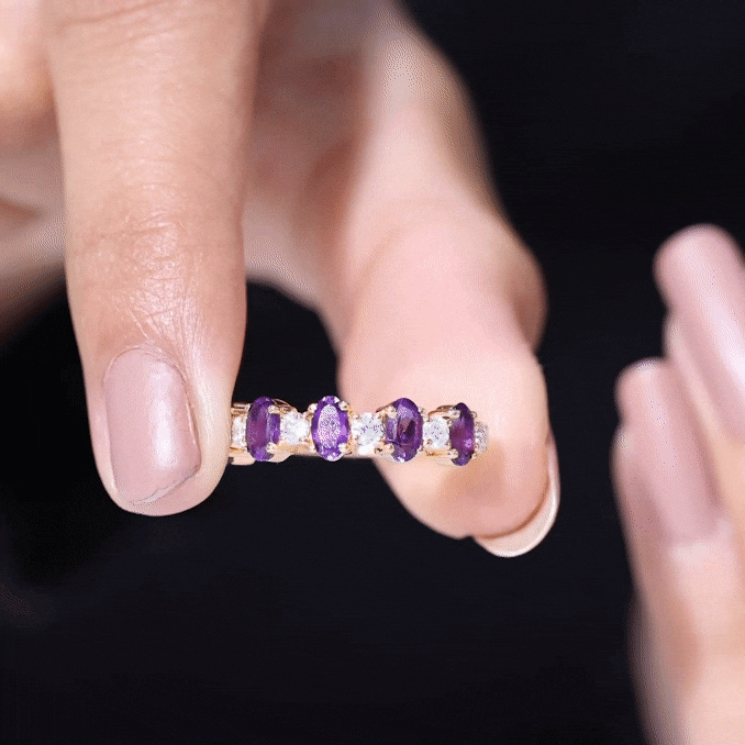 Natural oval amethyst diamond half eternity ring for women by Rosec Jewels, showcasing a band of amethysts and sparkling diamonds.