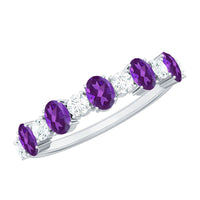 Natural oval amethyst diamond half eternity ring for women featuring alternating purple amethyst and sparkling diamonds.