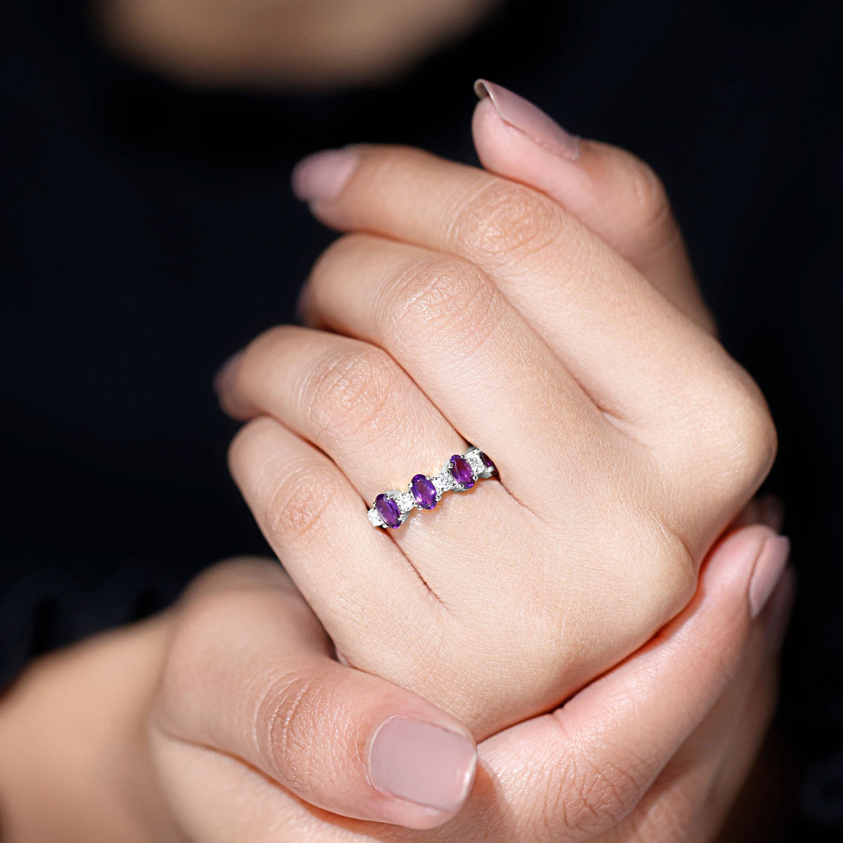 Natural oval amethyst diamond half eternity ring for women, showcasing sparkling gemstones and elegant design from Rosec Jewels.