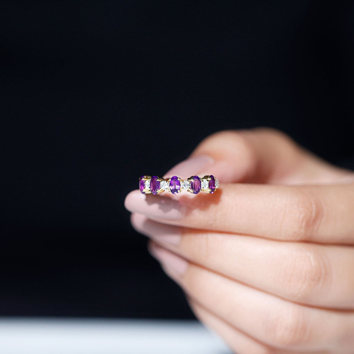 Natural oval amethyst diamond half eternity ring for women with rose gold band by Rosec Jewels, showcasing sparkling gemstones.
