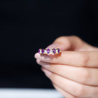 Natural oval amethyst diamond half eternity ring for women with rose gold band by Rosec Jewels, showcasing sparkling gemstones.