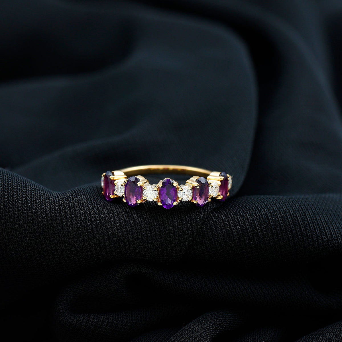 Natural oval amethyst diamond half eternity ring for women by Rosec Jewels, featuring a band with alternating amethyst and diamond accents.