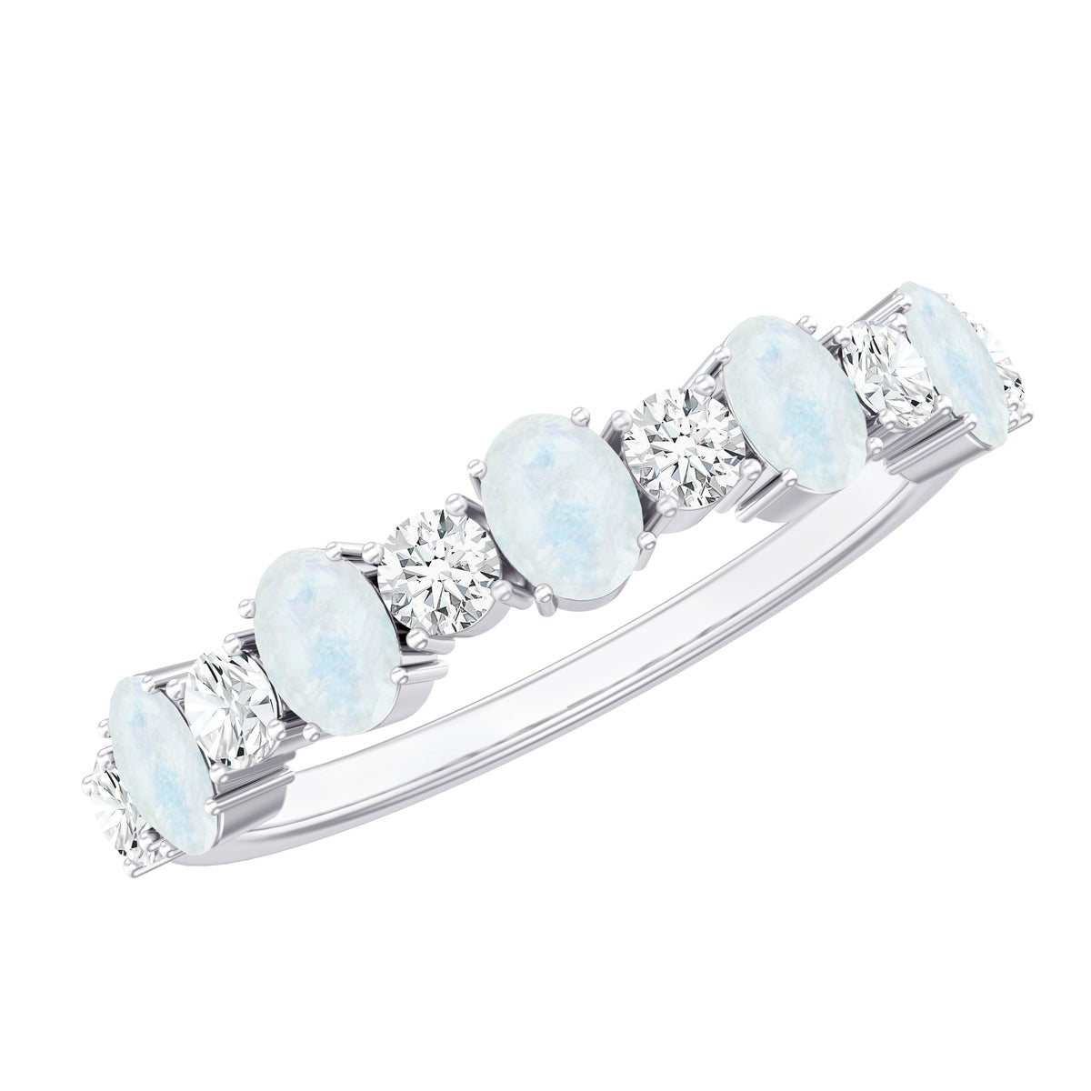 Rosec Jewels 1.5 CT moonstone and diamond semi-eternity ring with alternating stones and a sleek band design.