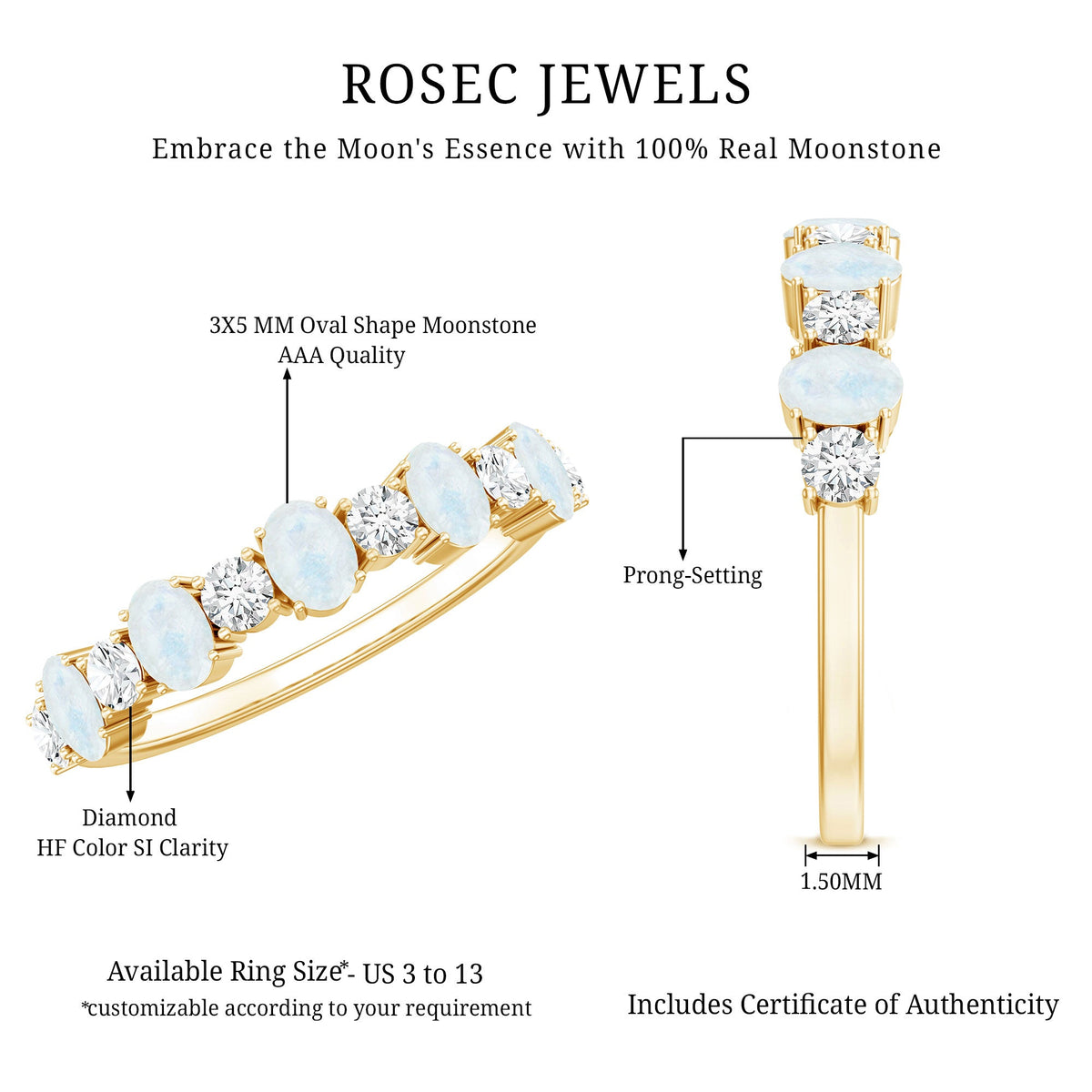 Rosec Jewels 1.5 CT moonstone and diamond semi-eternity ring with alternating stones and a sleek silver band.
