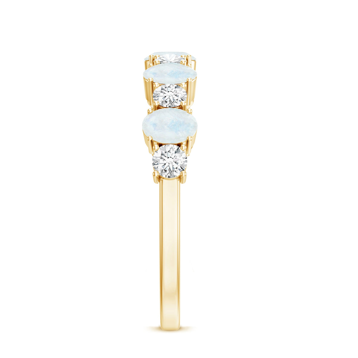 Rosec Jewels 1.5 CT moonstone and diamond semi eternity ring showcasing alternating moonstones and sparkling diamonds in a delicate band.