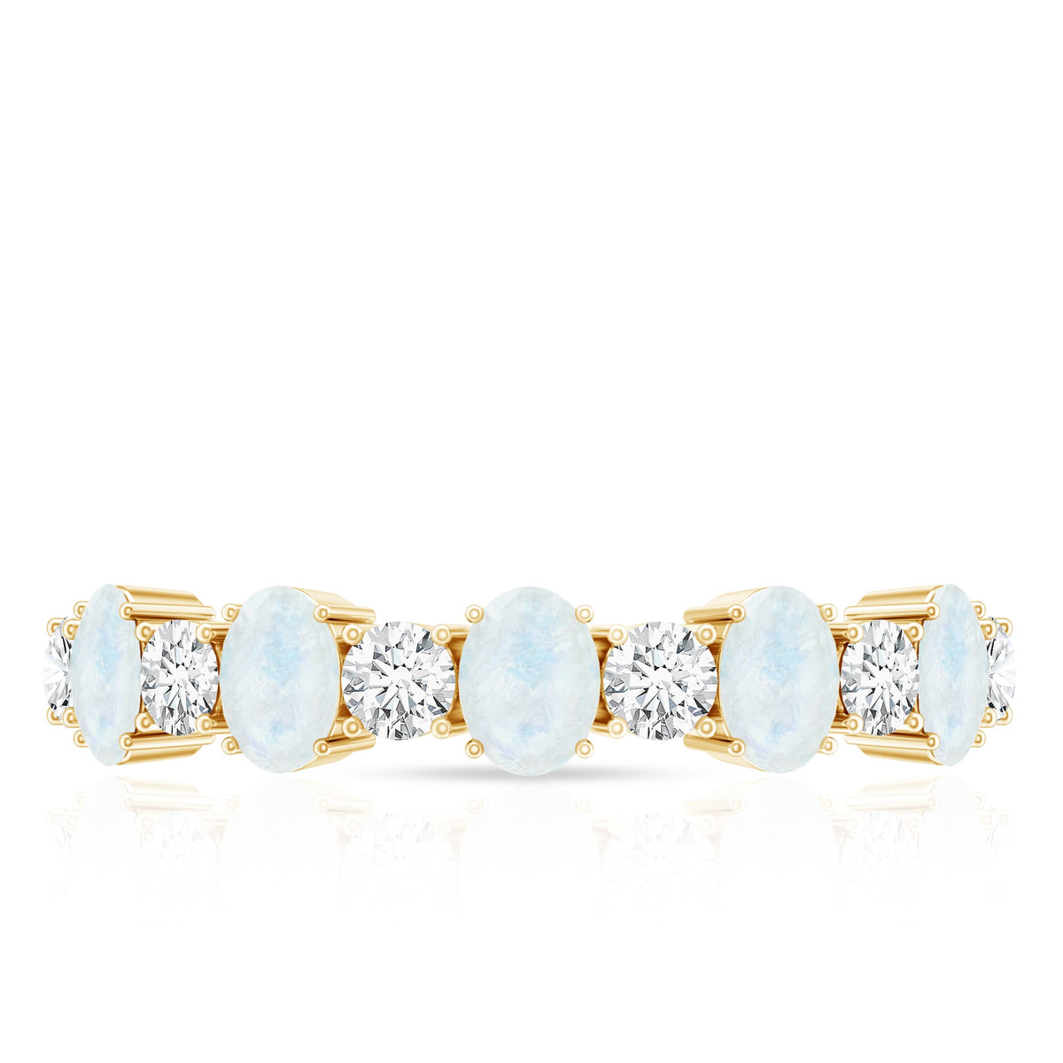 Rosec Jewels 1.5 CT moonstone and diamond semi eternity ring with alternating stones and intricate band design.