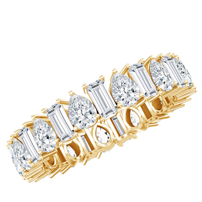 Pear and baguette cut moissanite eternity ring by Rosec Jewels featuring alternating sparkling gemstones set in a sleek band.