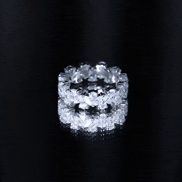 Yellow gold Marquise and round moissanite cluster eternity ring by Rosec Jewels, featuring sparkling gemstones in a continuous band.