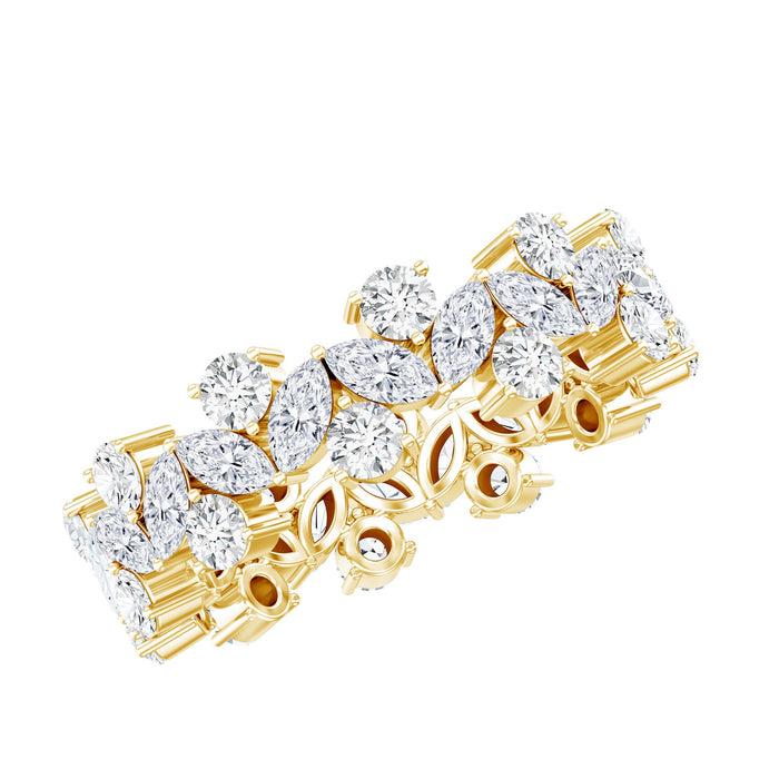 Rosec Jewels marquise and round moissanite cluster eternity ring with sparkling stones set in a continuous band.