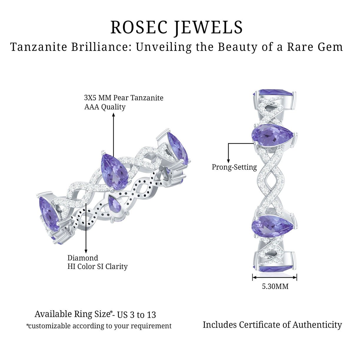Natural Pear Shape Tanzanite Diamond Eternity Ring with Crossover Shank