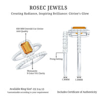 Emerald Cut Citrine Halo Engagement Ring with Moissanite Wedding Band