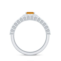 Emerald Cut Citrine Halo Engagement Ring with Moissanite Wedding Band