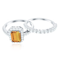 Emerald Cut Citrine Halo Engagement Ring with Moissanite Wedding Band