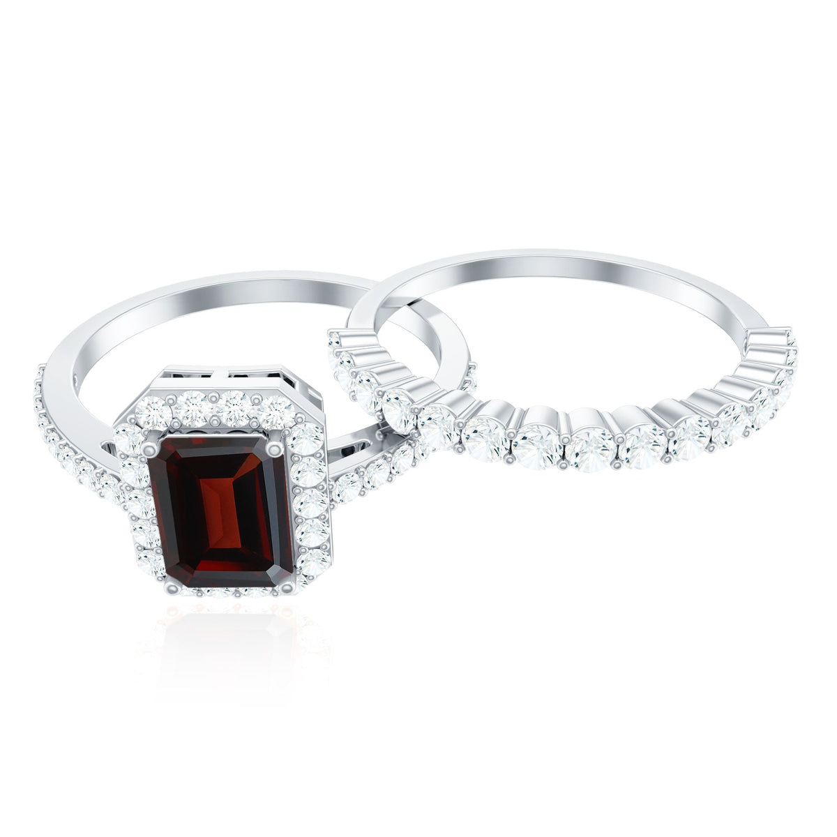 Genuine 6X8mm Emerald Cut Garnet Moissanite Wedding Ring Set of 2