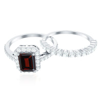 Genuine 6X8mm Emerald Cut Garnet Moissanite Wedding Ring Set of 2