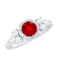 Nature Inspired 1.3 Carat Lab Grown Ruby Engagement Ring with Diamond Trio