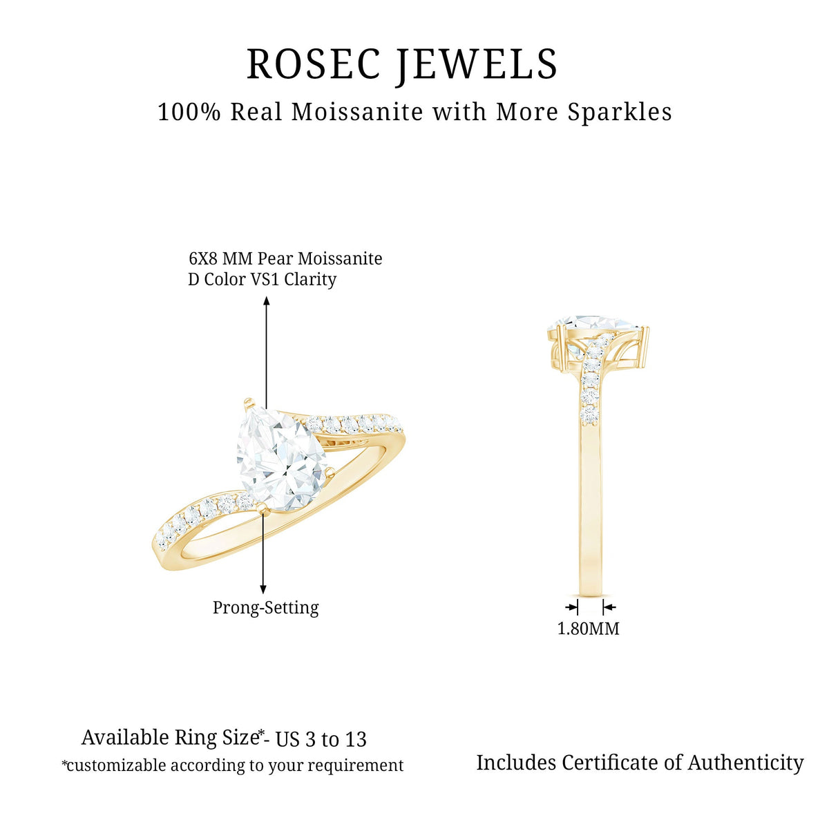 Pear Shape Moissanite Solitaire Bypass Engagement Ring