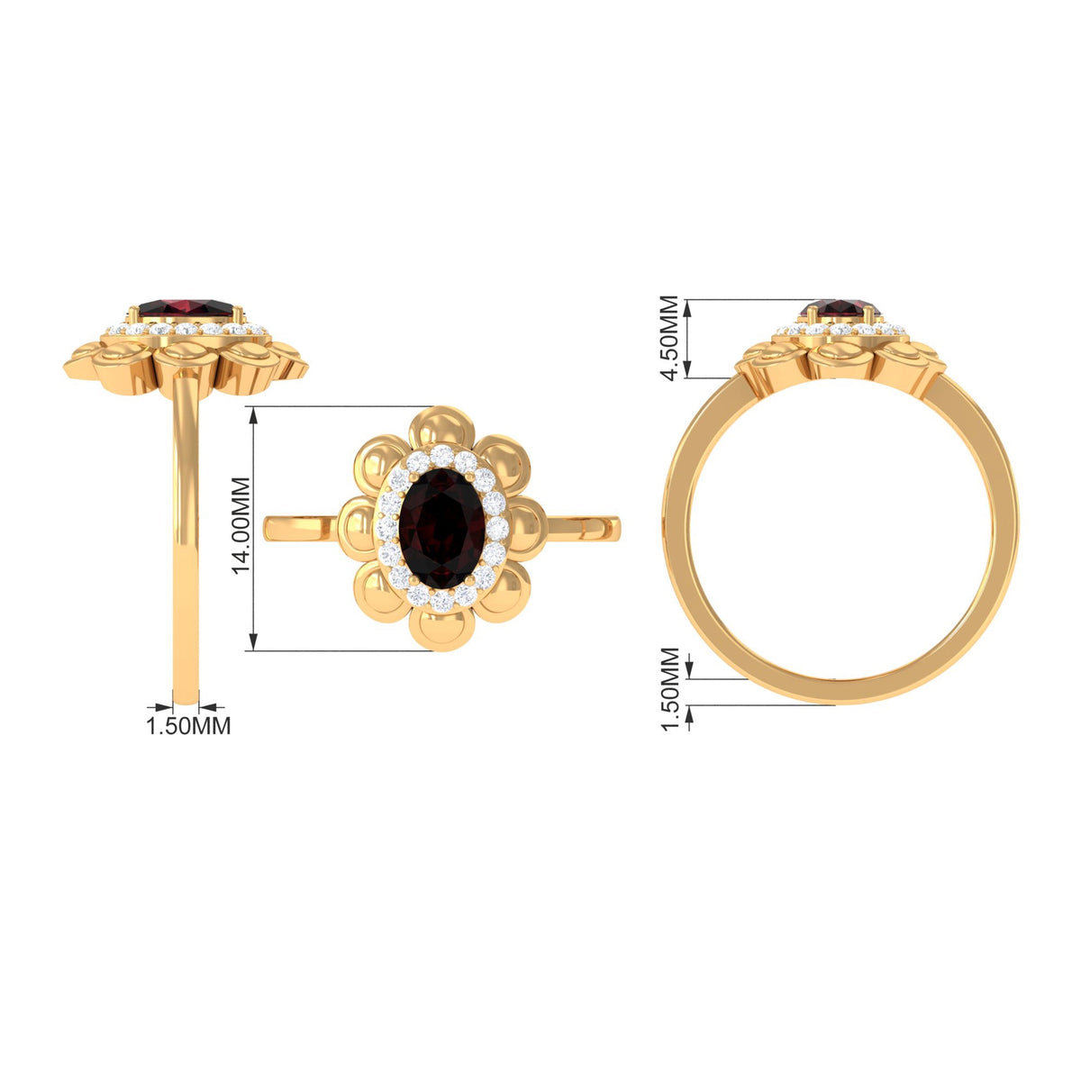 Natural 6X8mm Oval Garnet Flower Engagement Ring with Diamond