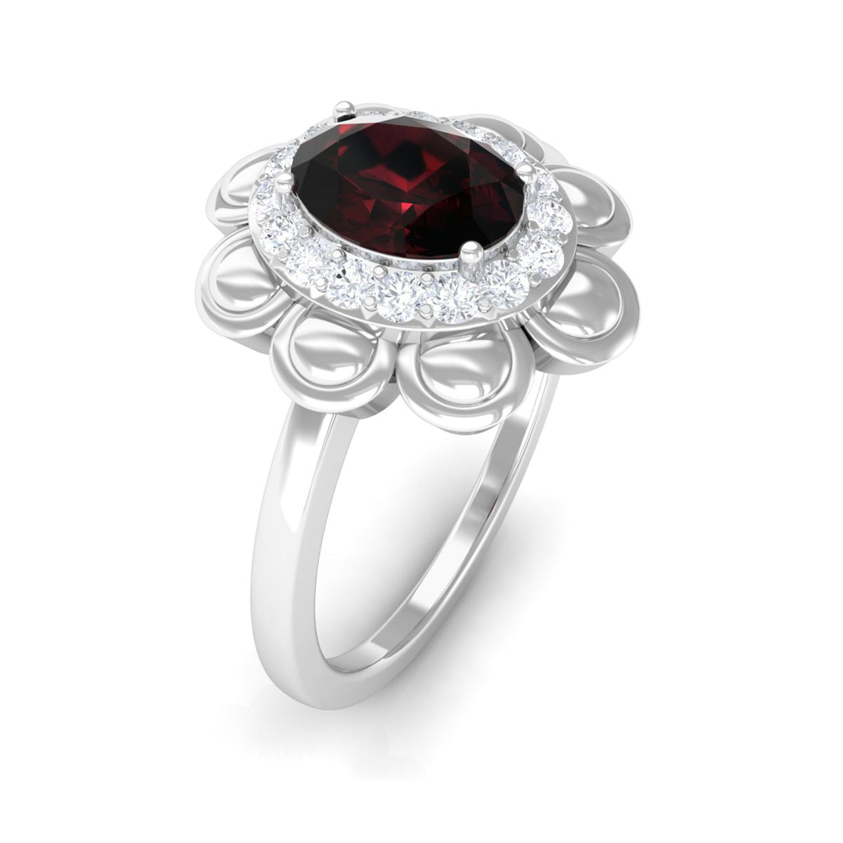 Natural 6X8mm Oval Garnet Flower Engagement Ring with Diamond