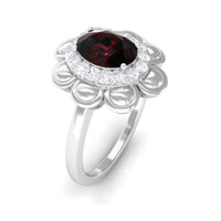Natural 6X8mm Oval Garnet Flower Engagement Ring with Diamond