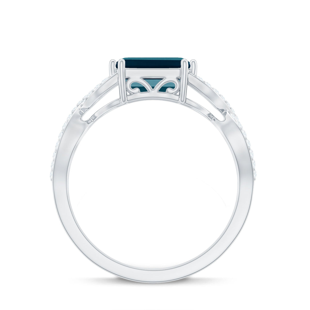 6X8mm Emerald Cut London Blue Topaz East West Engagement Ring with Diamond