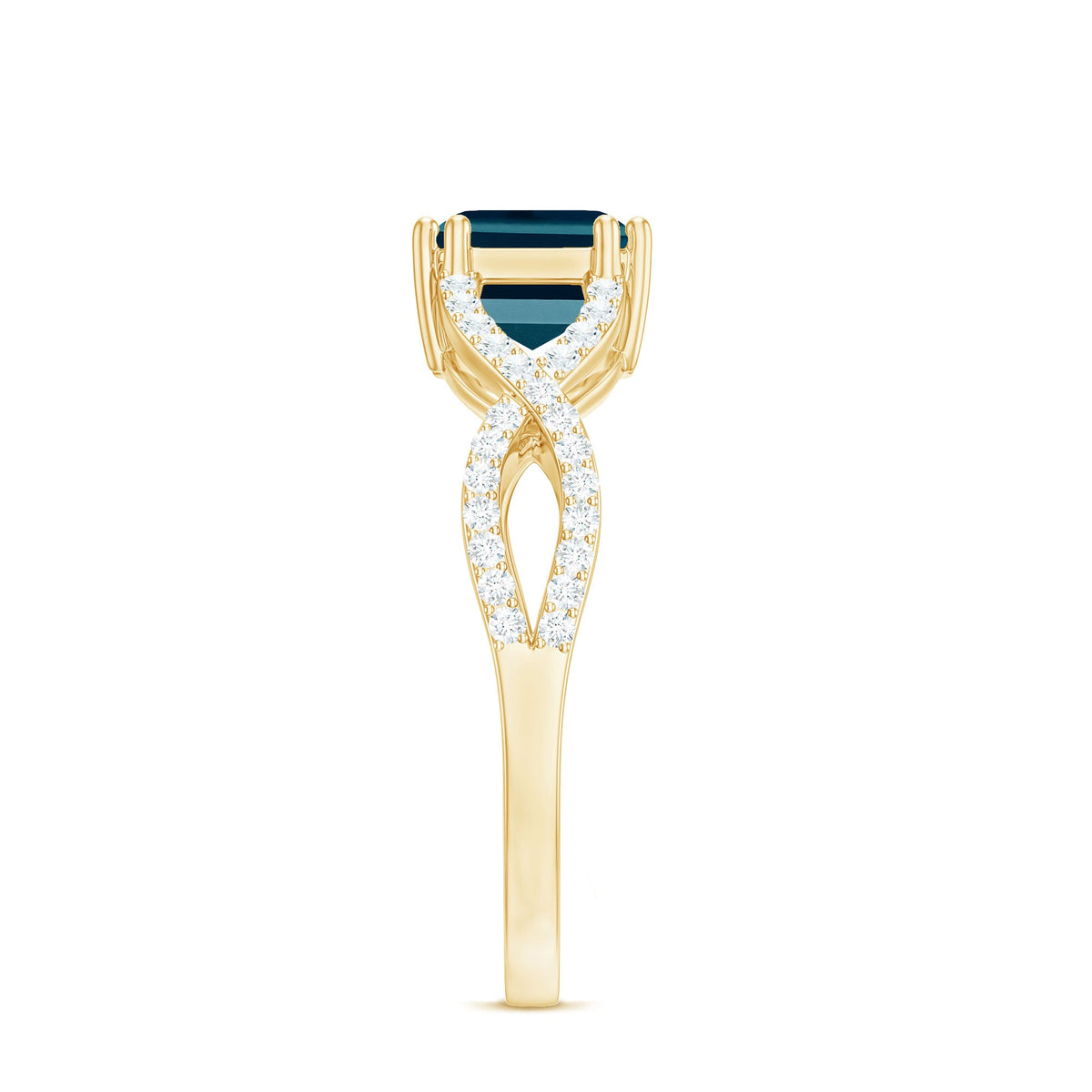 6X8mm Emerald Cut London Blue Topaz East West Engagement Ring with Diamond