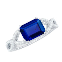 Certified 1.75 Carat Lab Created Blue Sapphire East West Engagement Ring with Diamond Crossover Shank