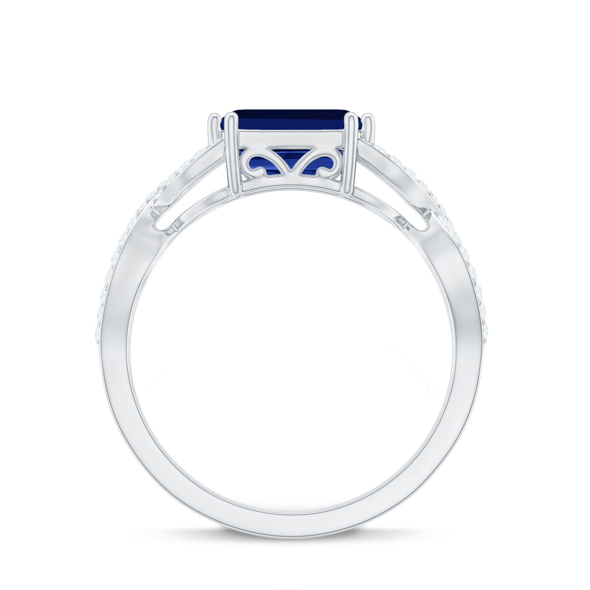 Certified 1.75 Carat Lab Created Blue Sapphire East West Engagement Ring with Diamond Crossover Shank