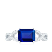 Certified 1.75 Carat Lab Created Blue Sapphire East West Engagement Ring with Diamond Crossover Shank