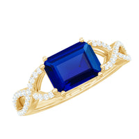 Certified 1.75 Carat Lab Created Blue Sapphire East West Engagement Ring with Diamond Crossover Shank