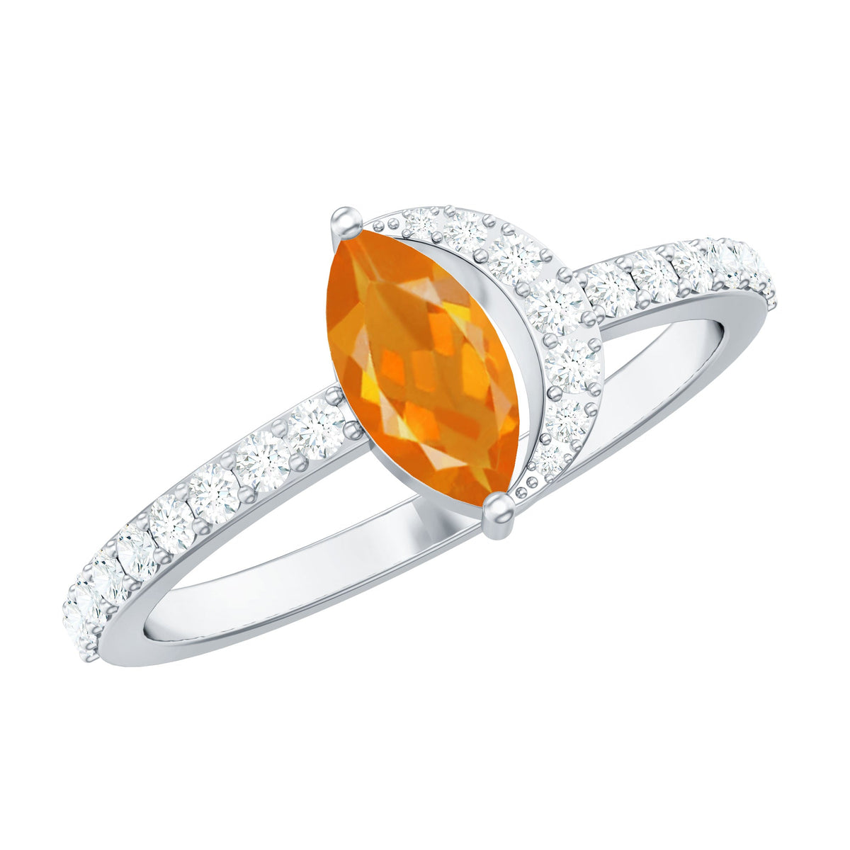 Minimal Marquise Fire Opal and Diamond engagement ring by Rosec Jewels featuring a marquise fire opal center stone with diamond accents.