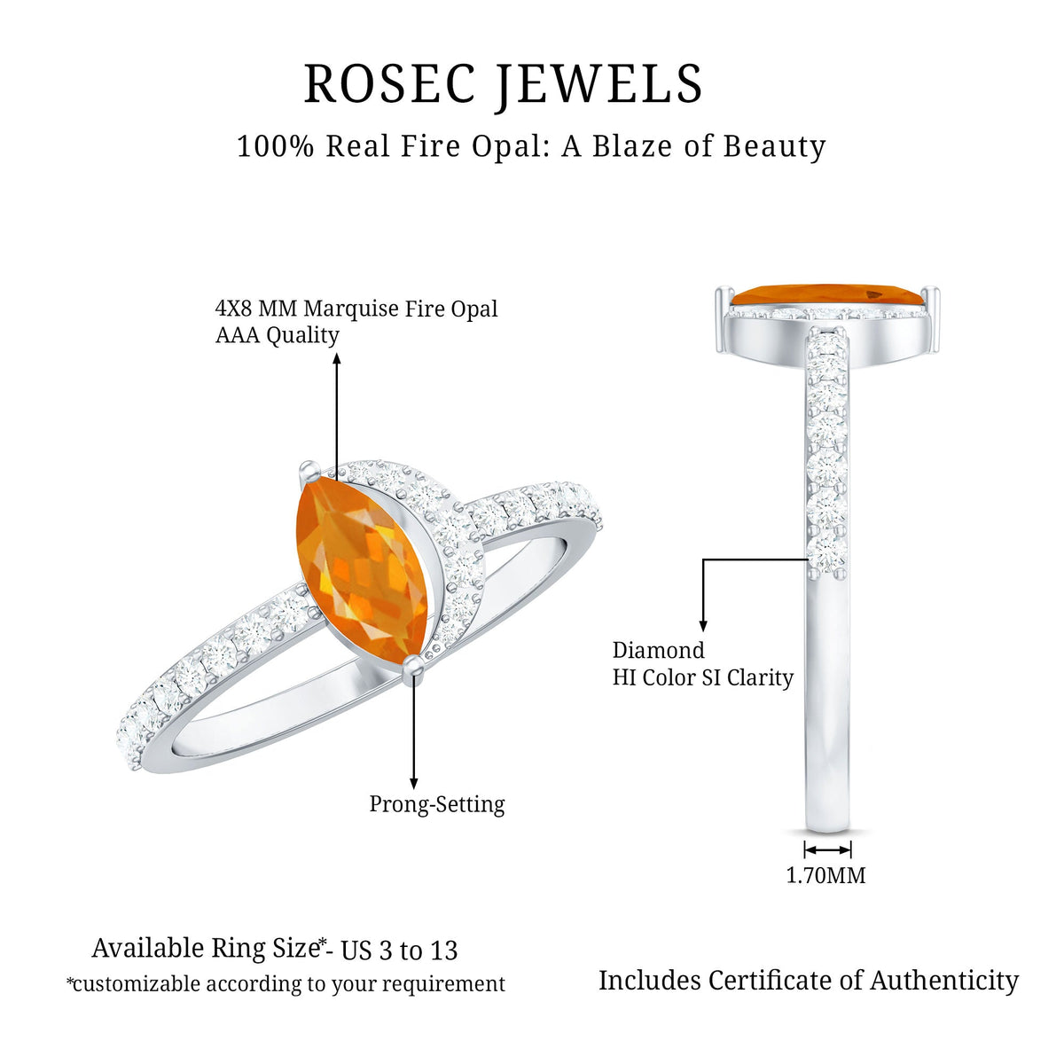 Elegant engagement ring featuring a marquise fire opal and diamonds, crafted by Rosec Jewels, set in a delicate ring design.