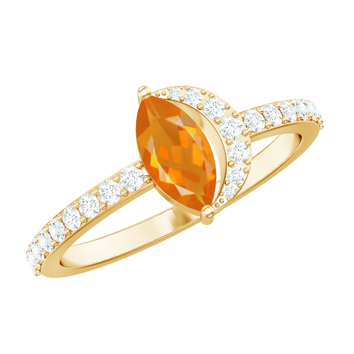 Minimal Marquise Fire Opal and Diamond engagement ring by Rosec Jewels featuring a marquise-shaped fire opal with diamond accents